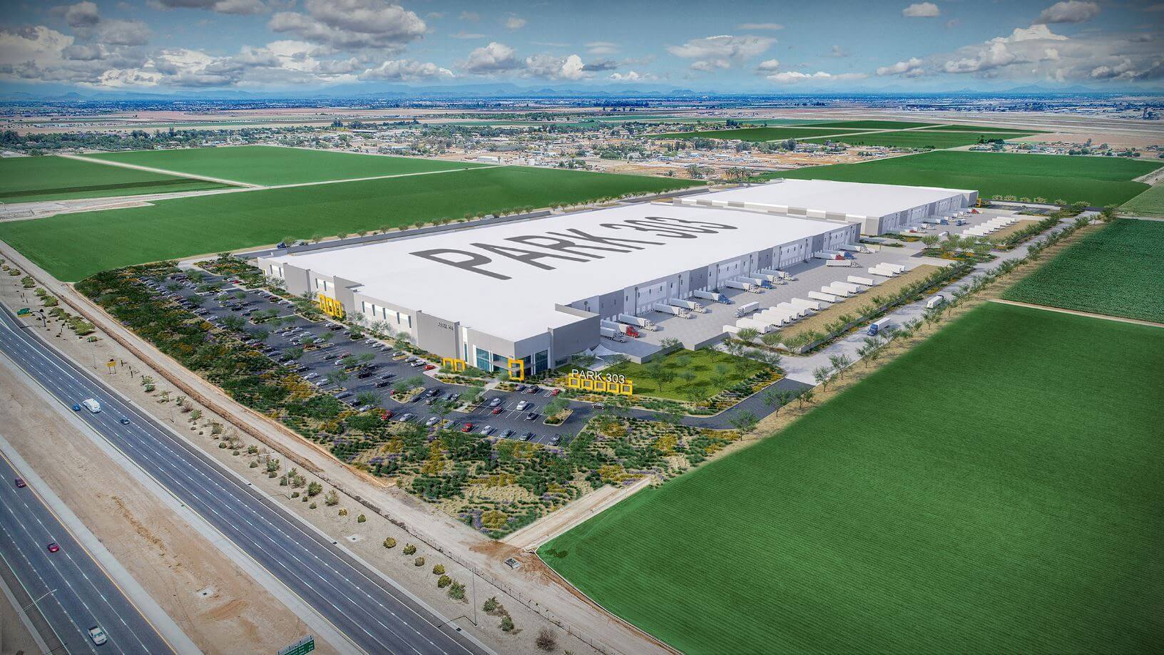 An artist's rendering of a large warehouse in California, showcasing the continued growth along the Loop 303.