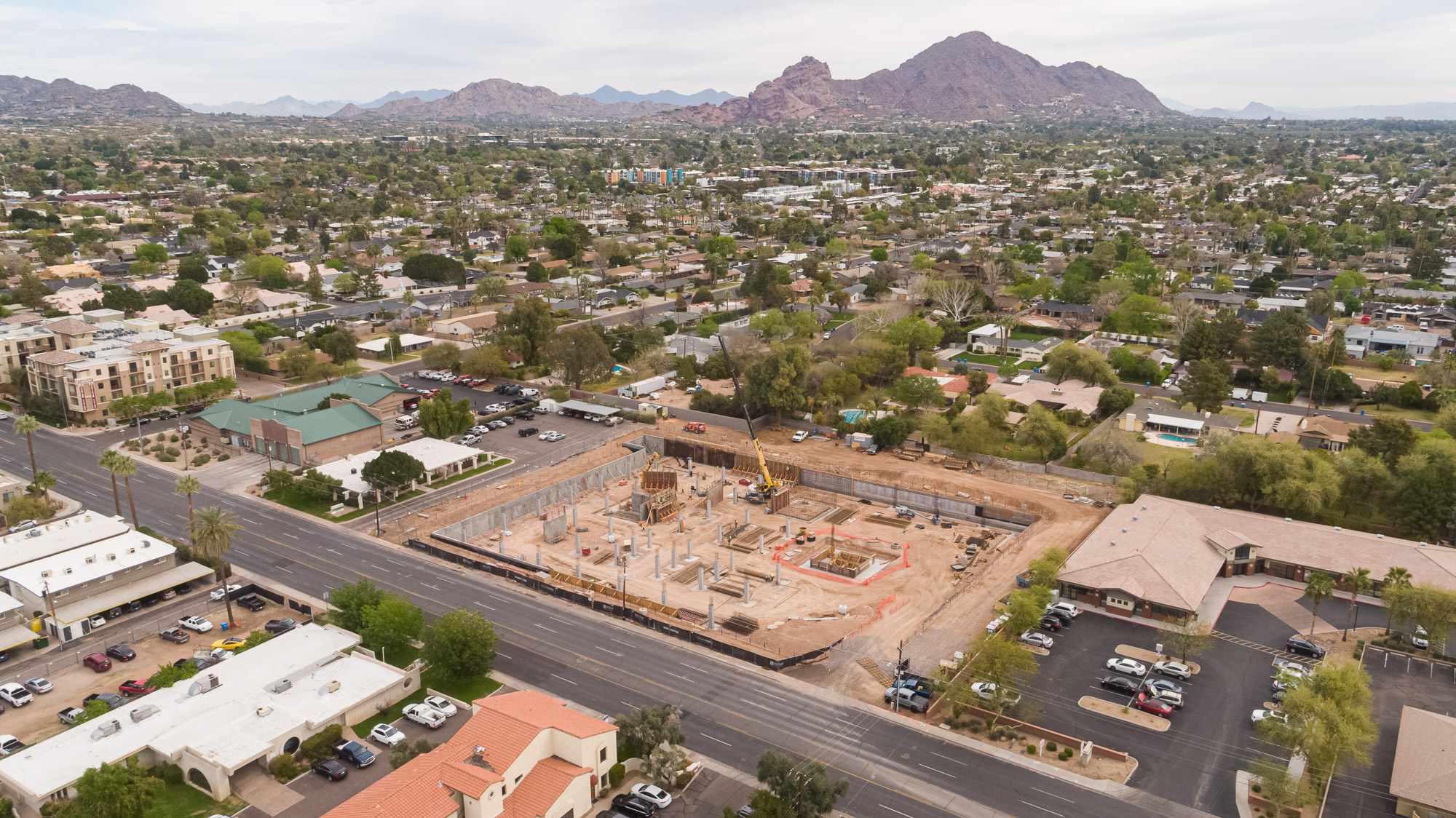 An aerial view of a construction site in Scottsdale, Arizona near The Common.