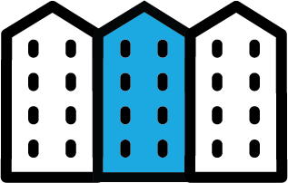 A blue and white building icon.