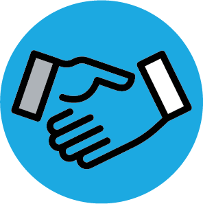 A blue circle with a handshake icon.