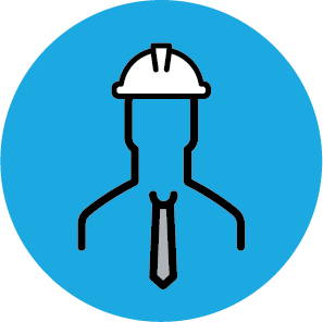 An icon of a construction worker wearing a hard hat and tie.